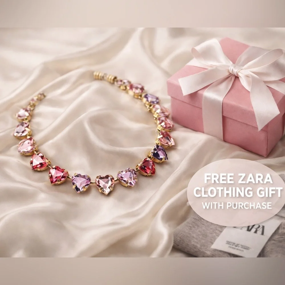 Valentine Heart Crystal Necklace – Pink Purple Gem Choker – Gift Bundle